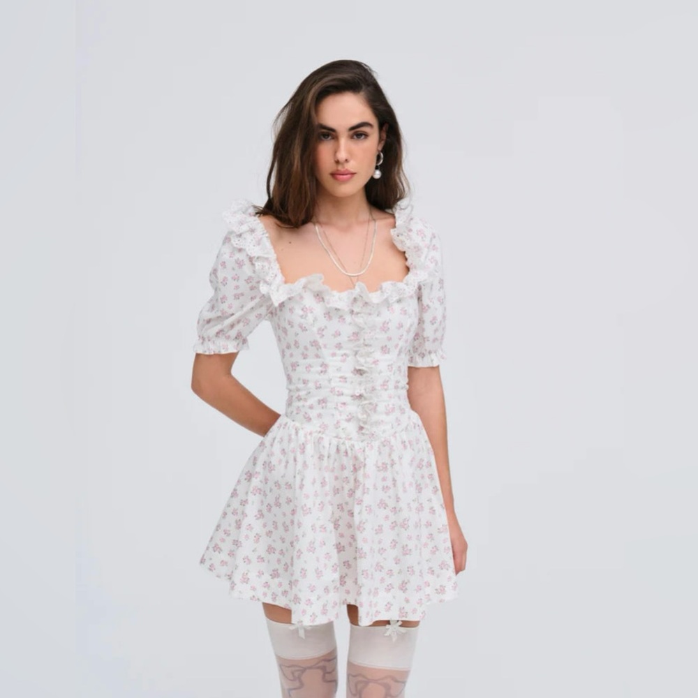 NWT For Love And Lemons Cream Pink Ruched Ruffled Noam Mini Dress